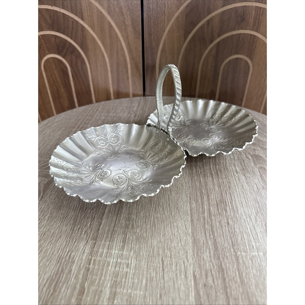 Hammered Aluminum Double Basket w Handle and Fluted Edge Reticulated Florals
